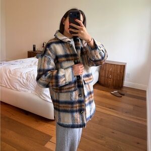 Plaid Shacket Jacket in Cream, Blue & Brown